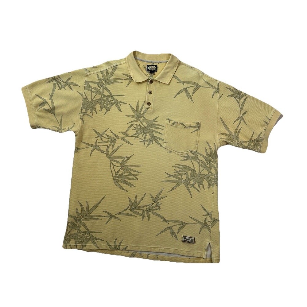 Tommy Bahama Polo Shirt Mens Large Yellow Cotton Green Bamboo Leaf Tropical L